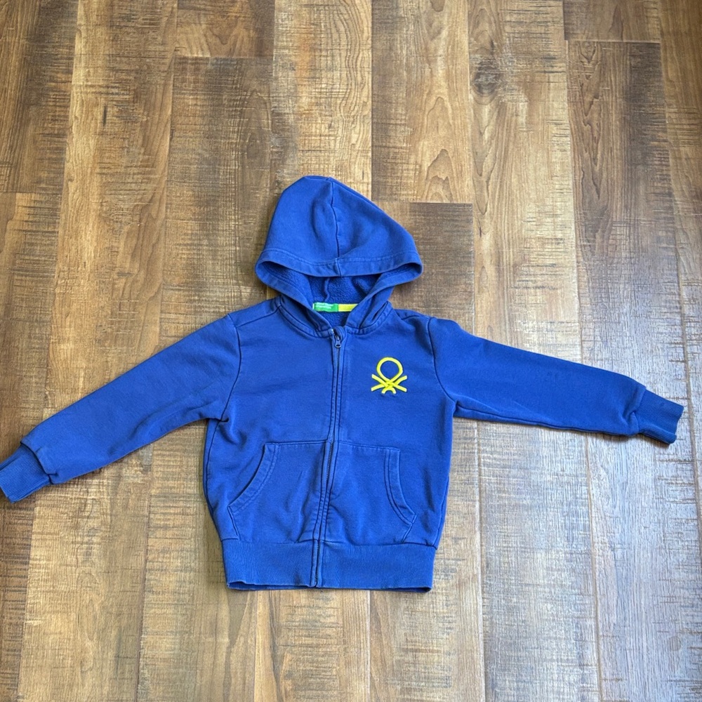 United Colors Of Benetton Royal Blue Kids Zip Hoodie with Yellow Logo Sz small